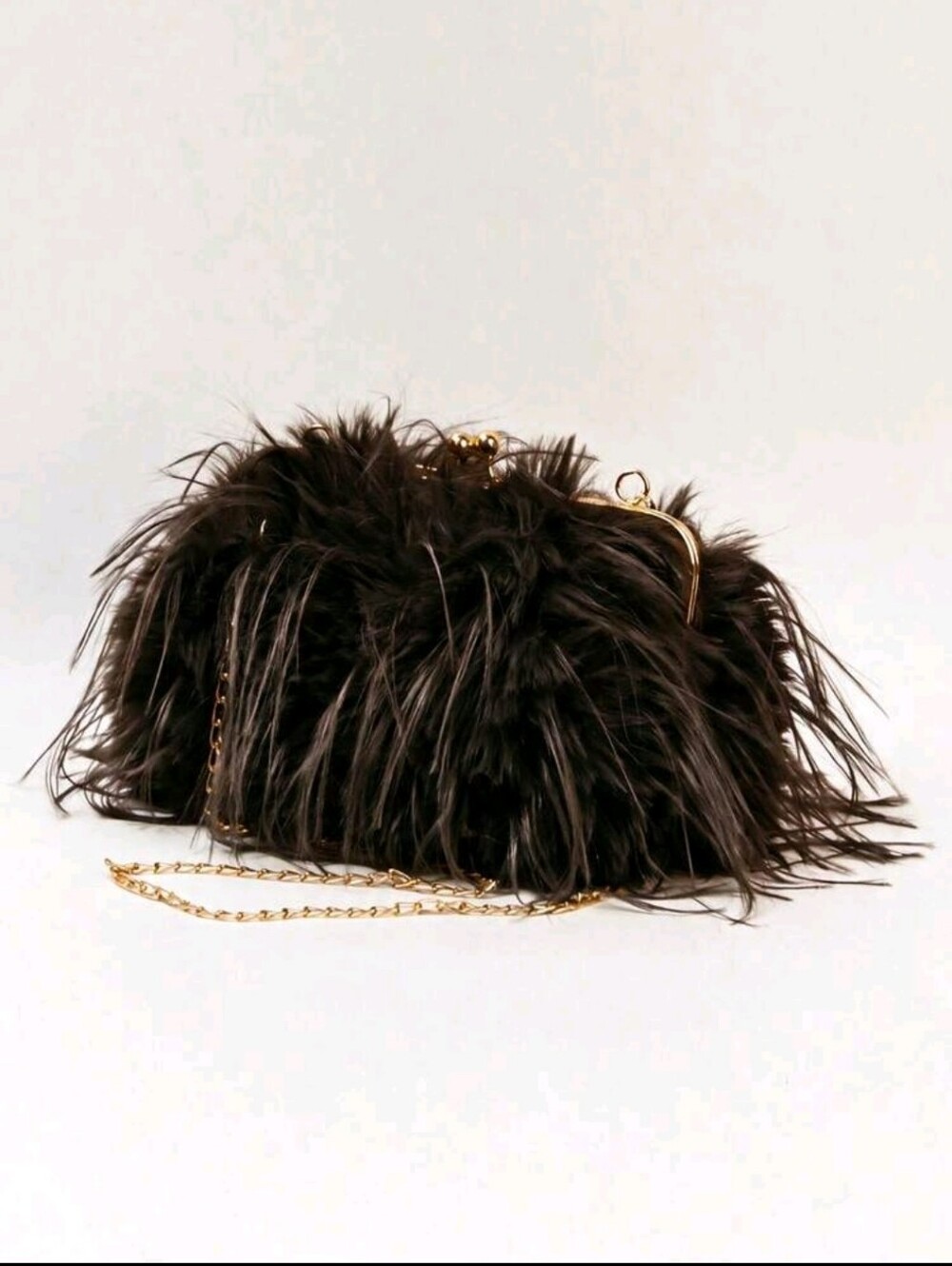 BRAND NEW ** Faux Fur Chain Clutch Bag in Dark Brown with Gold Hardware